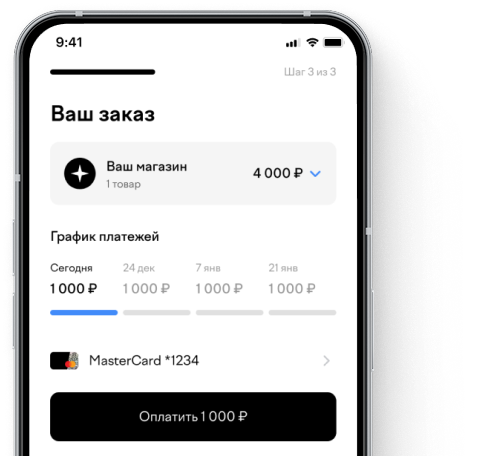 phone with site interface showing order details with splitted pay