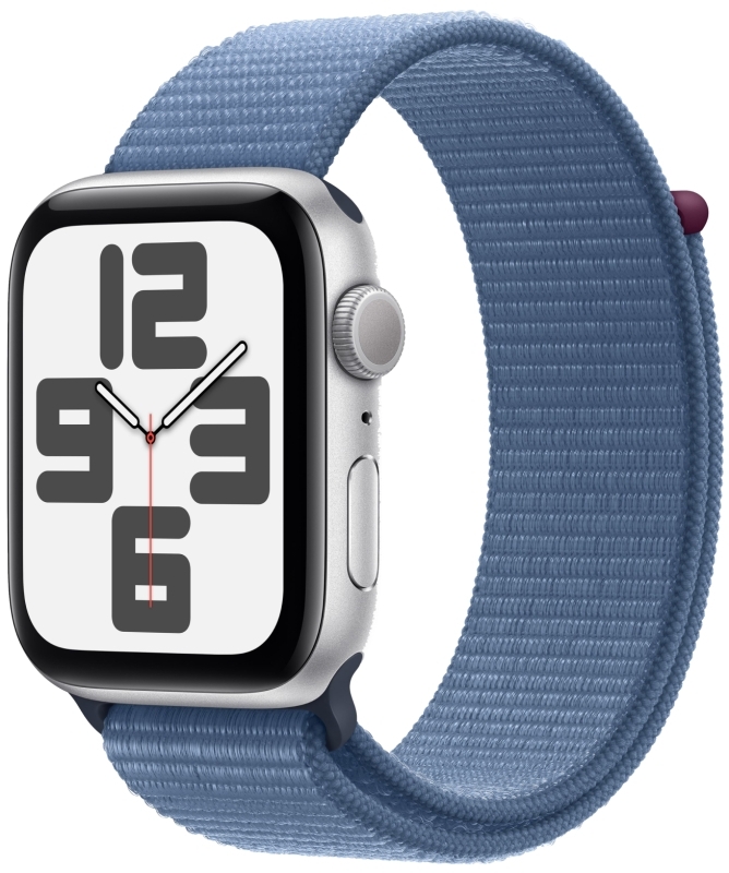 Apple Watch SE (2023), 44 мм, корпус из алюминия серебристого цвета, спортивный ремешок Loop синего цвета