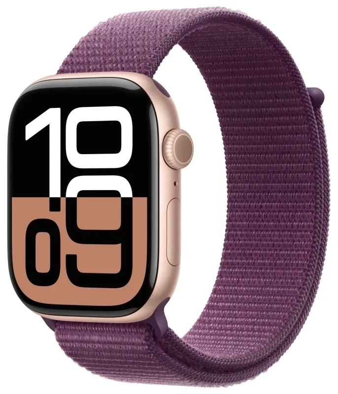 Apple Watch Series 10, 46 мм, корпус из алюминия цвета «розовое золото», спортивный ремешок Loop сливового цвета