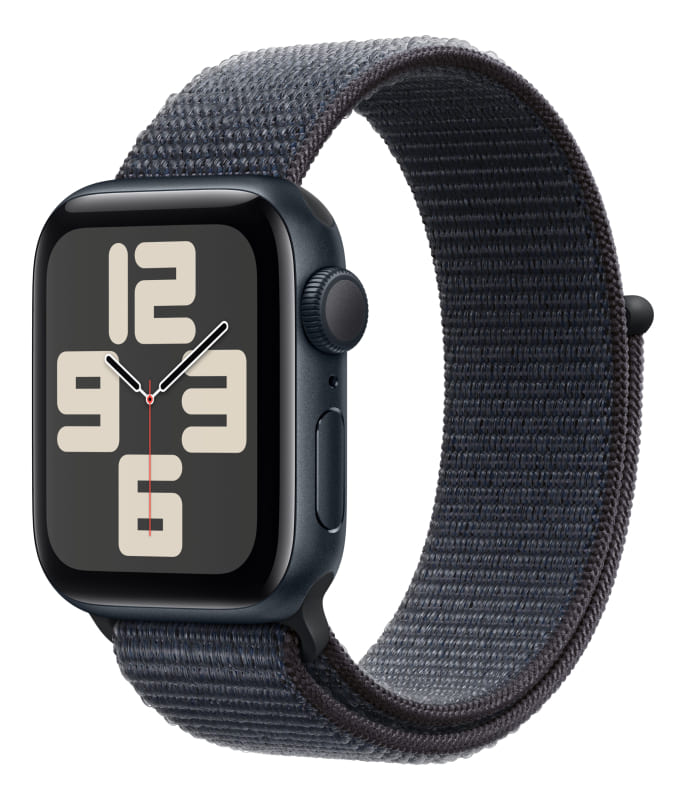 Apple Watch SE (2024), 44 мм, корпус из алюминия цвета «полуночный черный», спортивный ремешок Loop темно-синего цвета