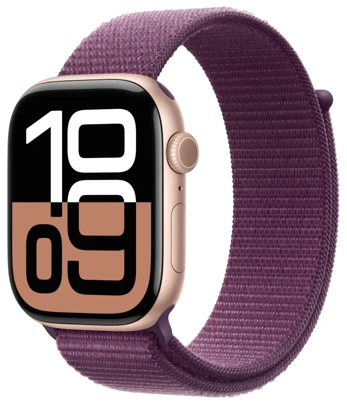 Apple Watch Series 10, 42 мм, корпус из алюминия цвета «розовое золото», спортивный ремешок Loop сливового цвета