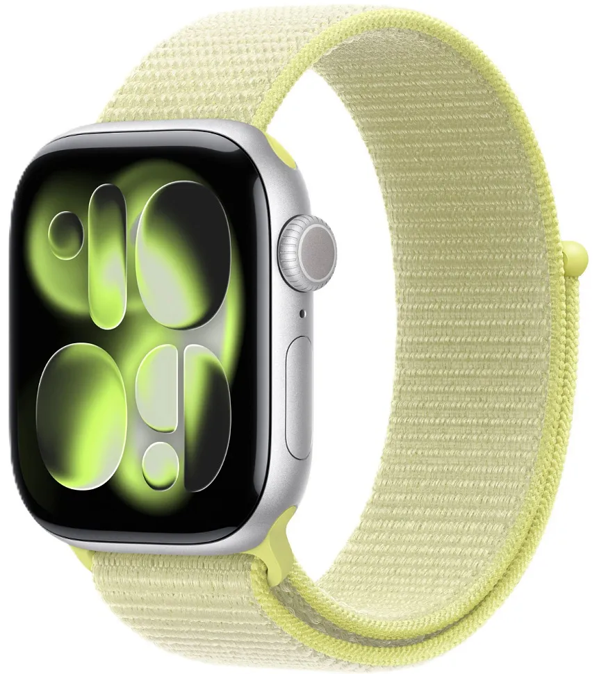 Apple Watch Series 11, 46 мм, корпус из алюминия серебристого цвета, спортивный ремешок Loop неоново-желтого цвета