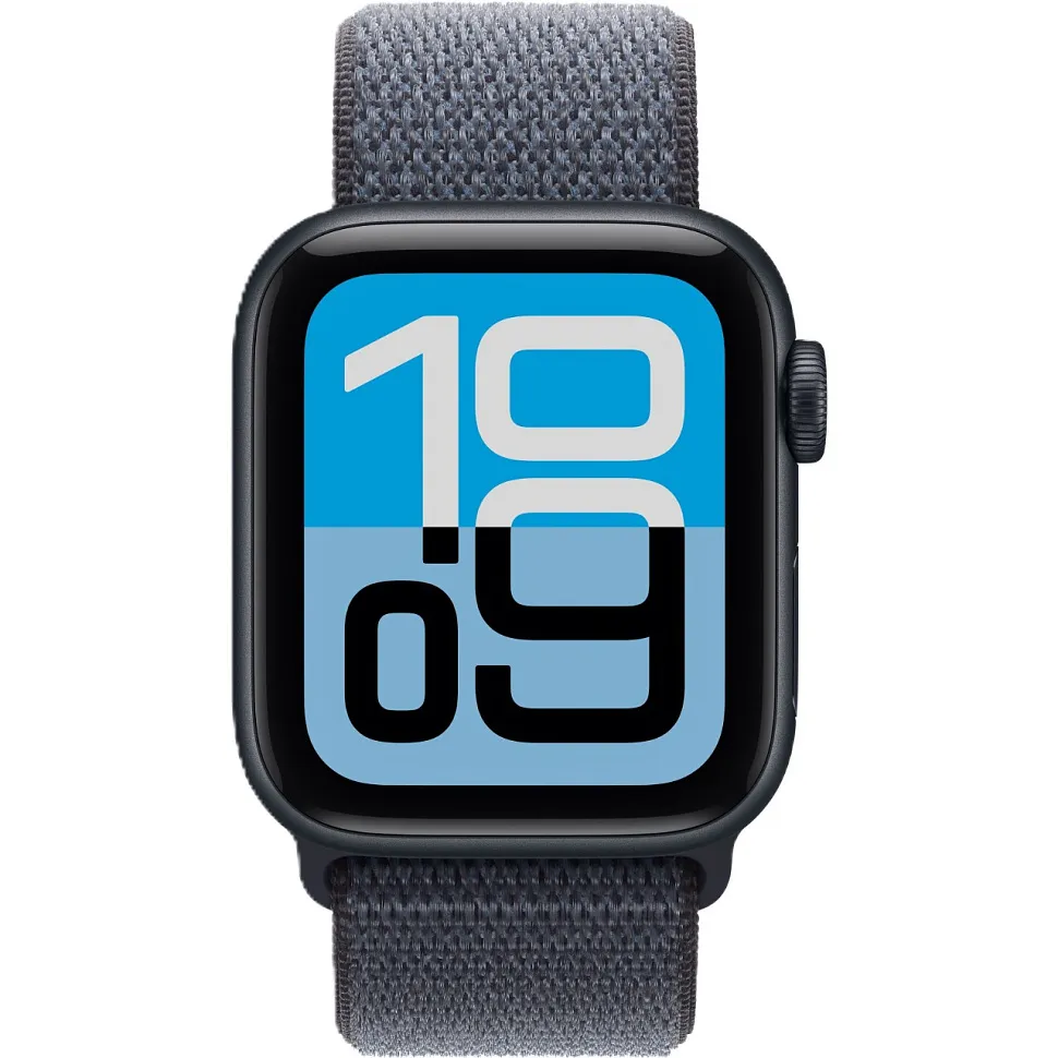 Apple Watch SE (2025), 44 мм, корпус из алюминия цвета «полуночный черный», спортивный ремешок Loop цвета «якорный синий»