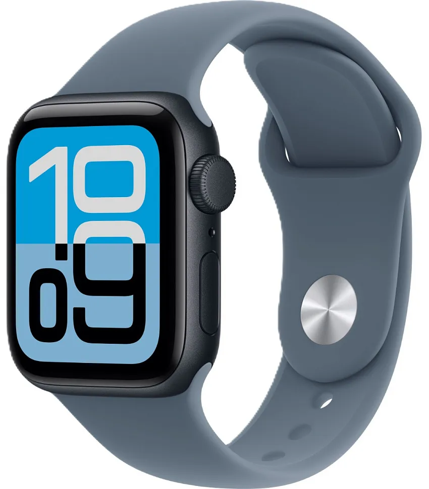 Apple Watch SE (2025), 44 мм, корпус из алюминия цвета «полуночный черный», спортивный ремешок цвета «якорный синий»
