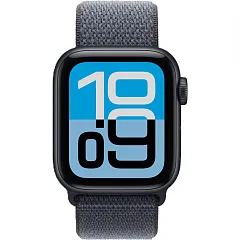 Apple Watch SE (2025), 40 мм, корпус из алюминия цвета «полуночный черный», спортивный ремешок Loop цвета «якорный синий»