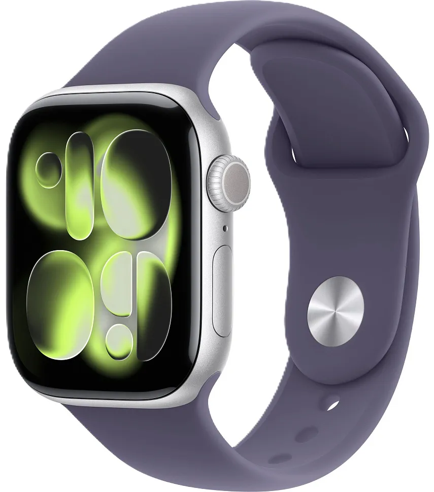 Apple Watch Series 11, 46 мм, корпус из алюминия серебристого цвета, спортивный ремешок цвета "фиолетовый туман"